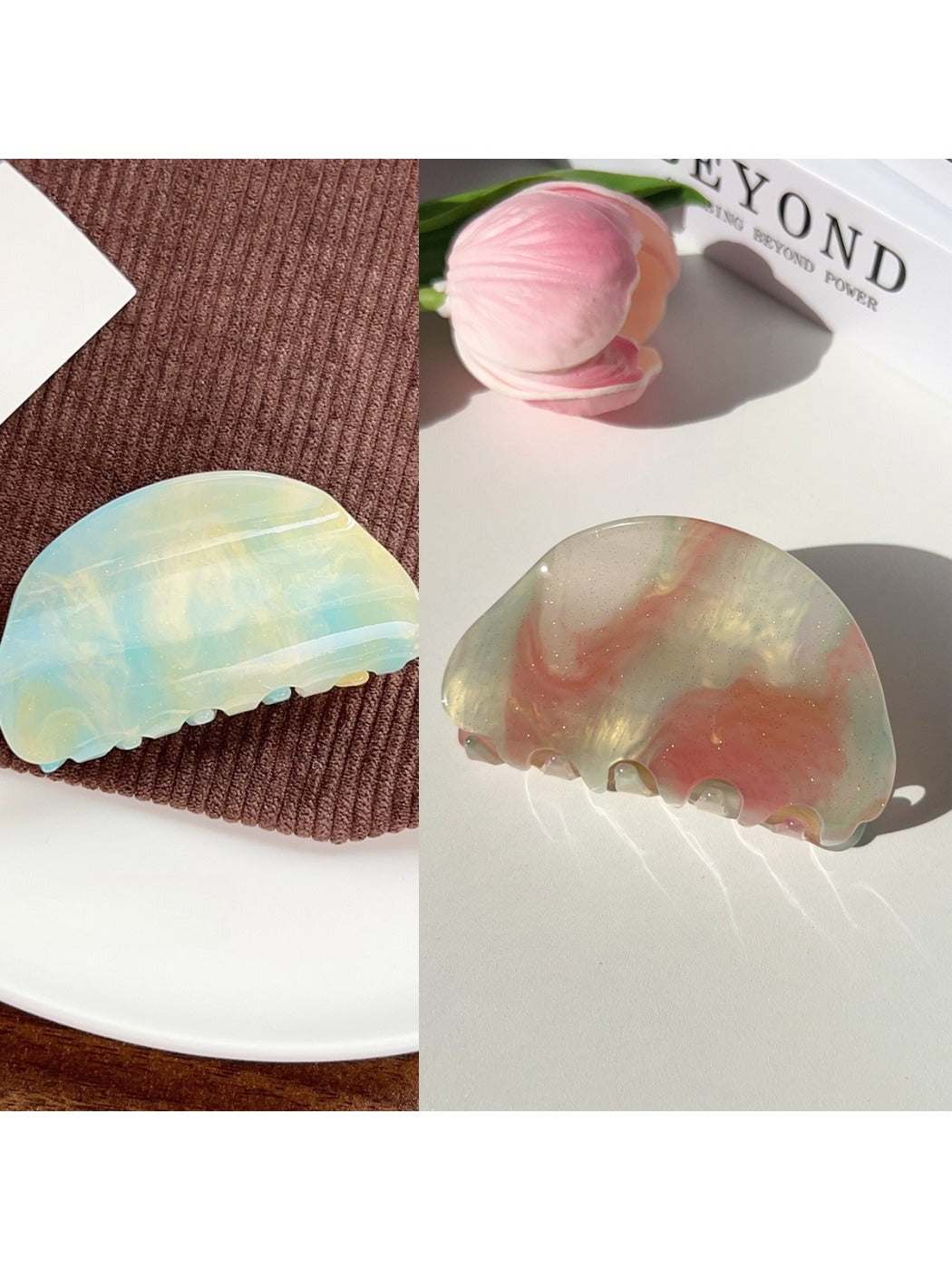 Beau colorful hair claw clip displayed with hair strands
