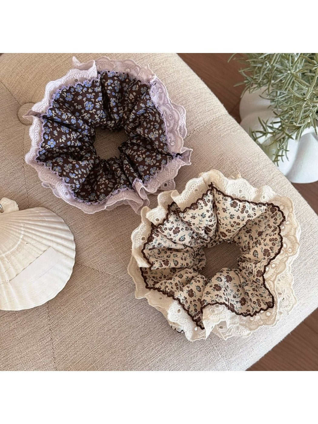 Close-up of Gifty Retro Lace Floral Scrunchie in beige with intricate lace and floral pattern
