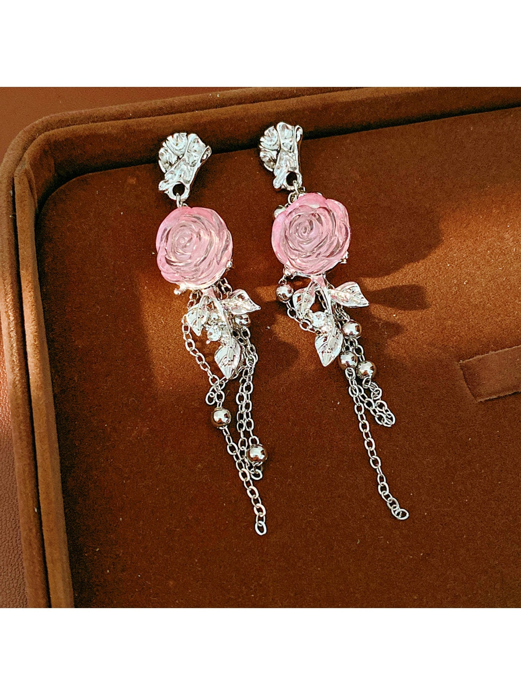 Earedge - Alloy Floral Tassel Dangle Stud Earrings
