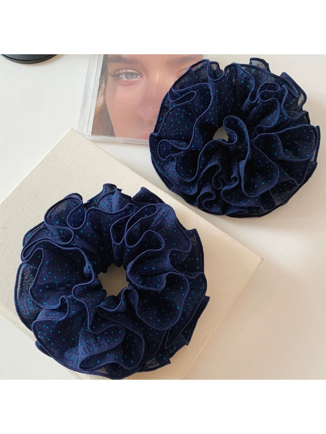 Gifty - Blue Polka Dot Ruched Scrunchie