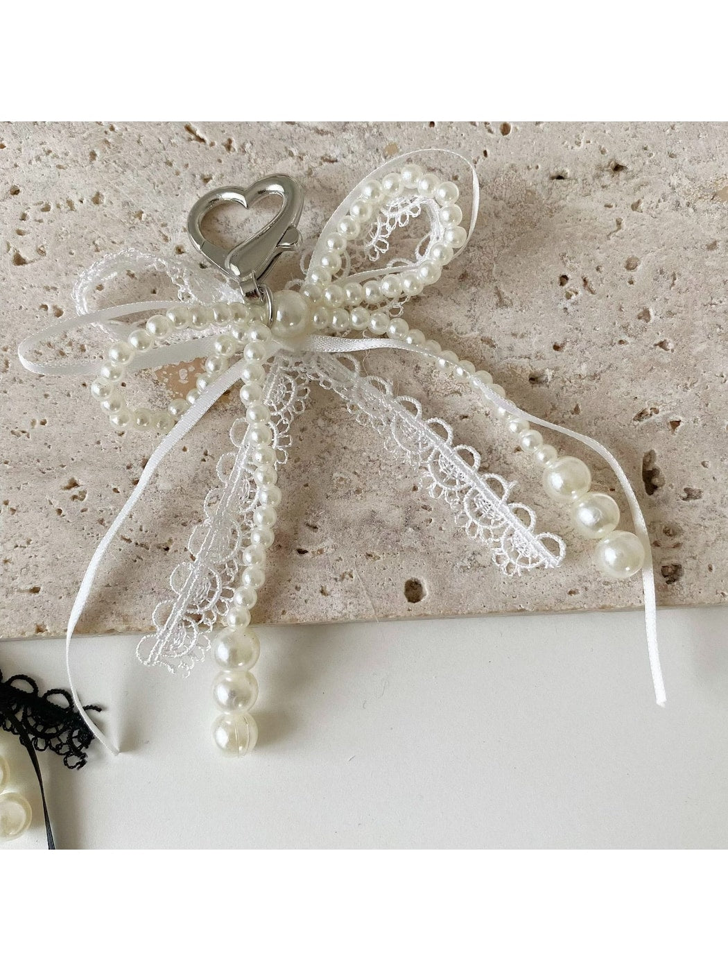 Keypus - Beaded Trim Lace Bow Decorative Bag Charm Keychain