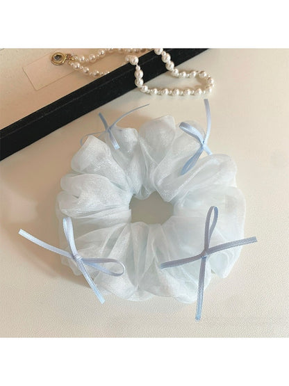 Sweet blue tulle ribbon bow scrunchie with gathered fabric detail