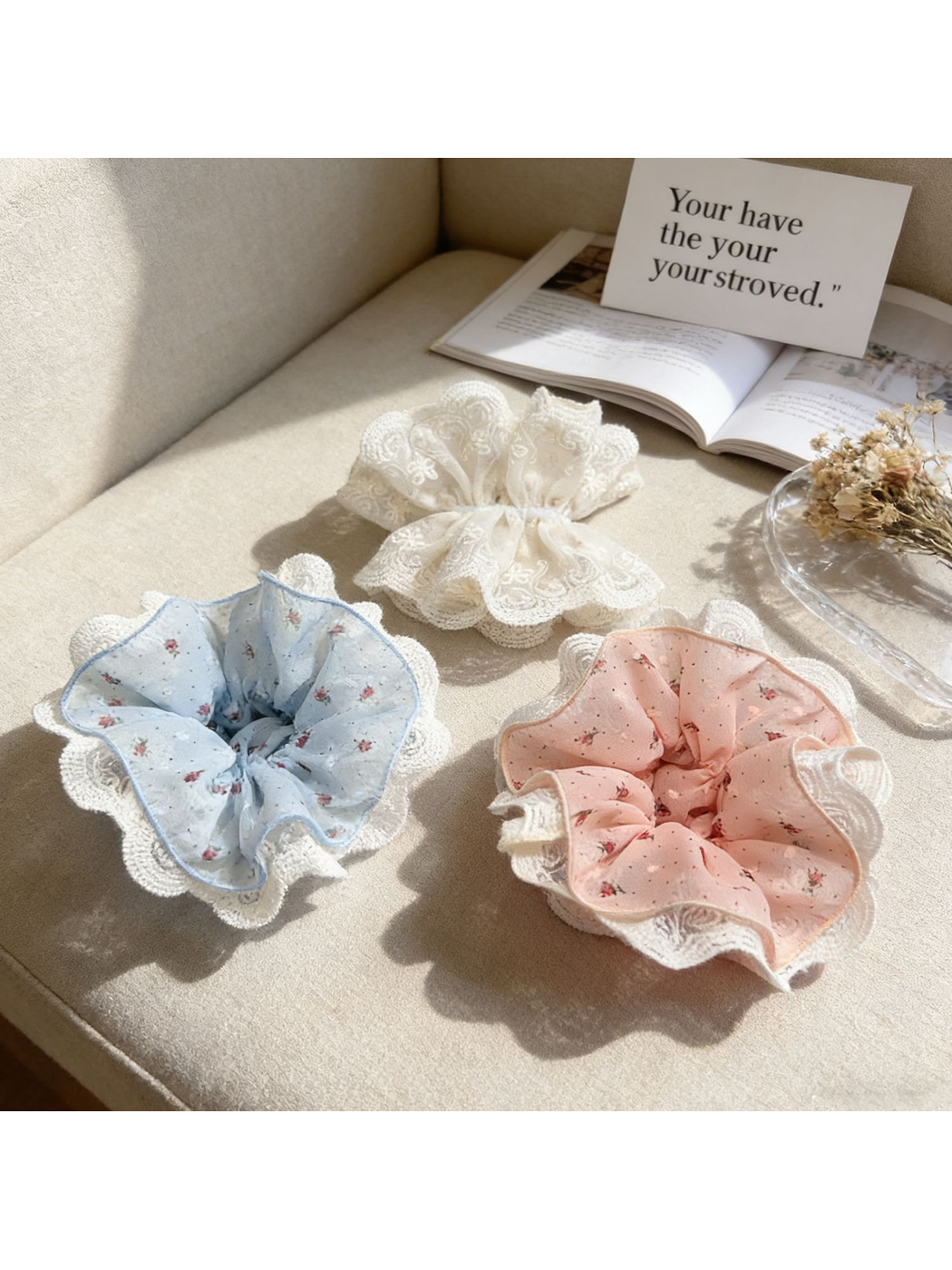 Gifty - Floral Lace Trim Wide Scrunchie Hair Tie