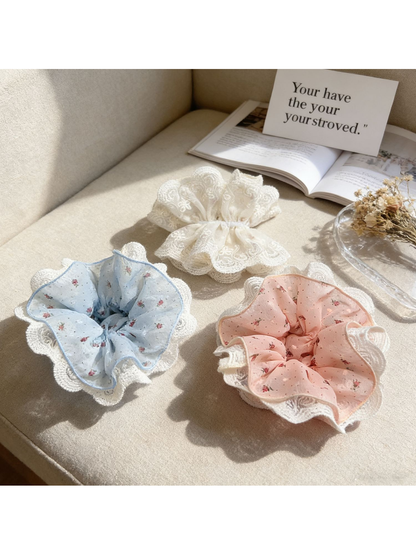 Gifty - Floral Lace Trim Wide Scrunchie Hair Tie