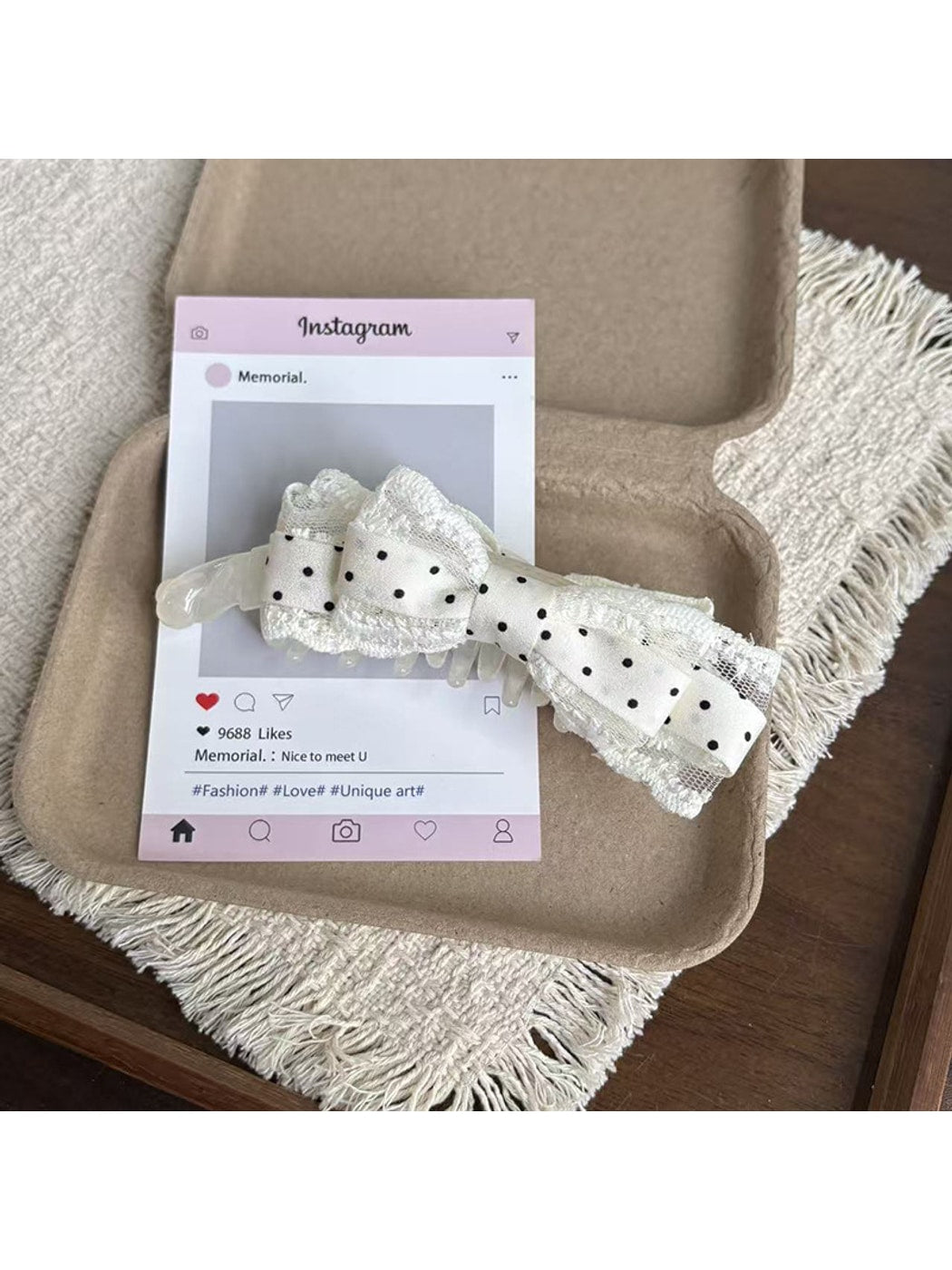 Beau - Polka Dot Lace Bow Banana Hair Barrette Clip