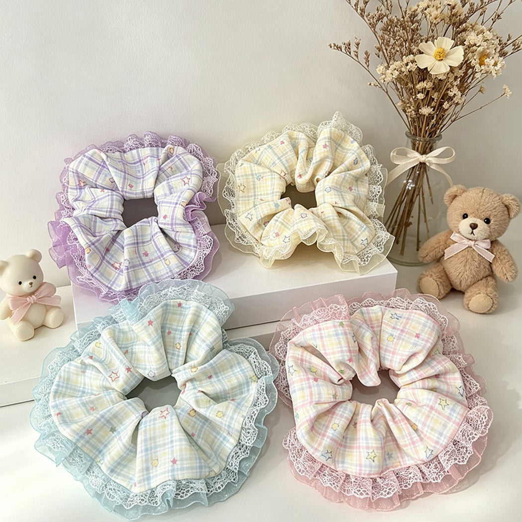 Gifty - Pastel Star Pattern Lace Edge Ponytail Scrunchie
