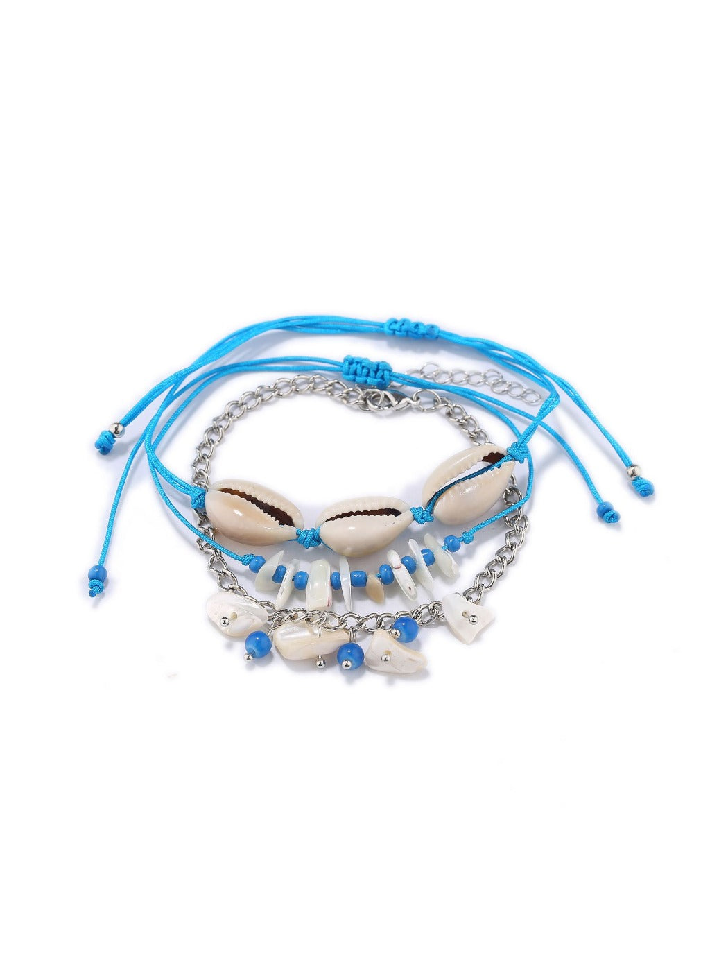 Lovra bracelet with blue and white beads and silver charm on a white background