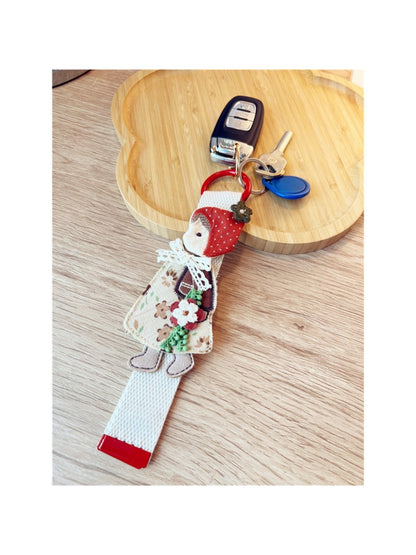 Keypus keychain showing the metal keyring attached to the fabric patchwork