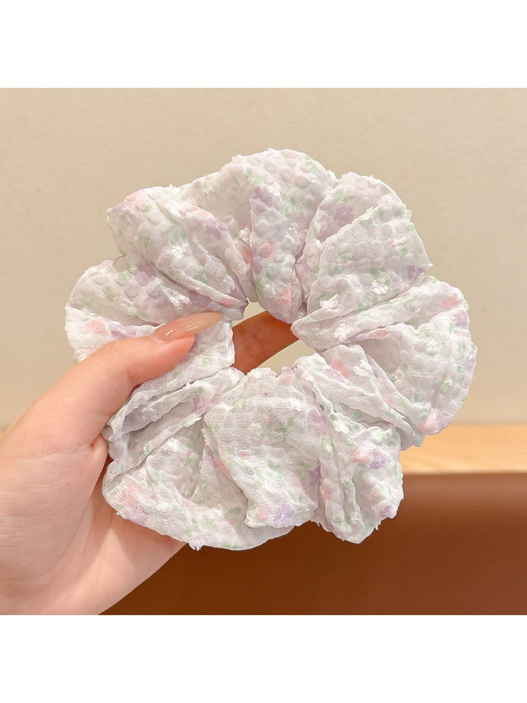 Gifty tiny floral print scrunchie packaged in clear plastic bag