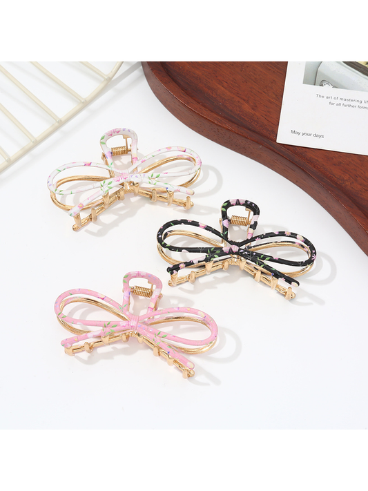 Beau - Floral Print Bow Shape Alloy Claw Clip