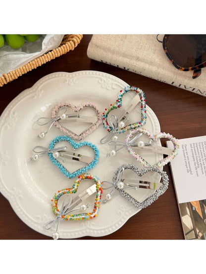 Beau - Heart Bow Beaded Front Hair Clip