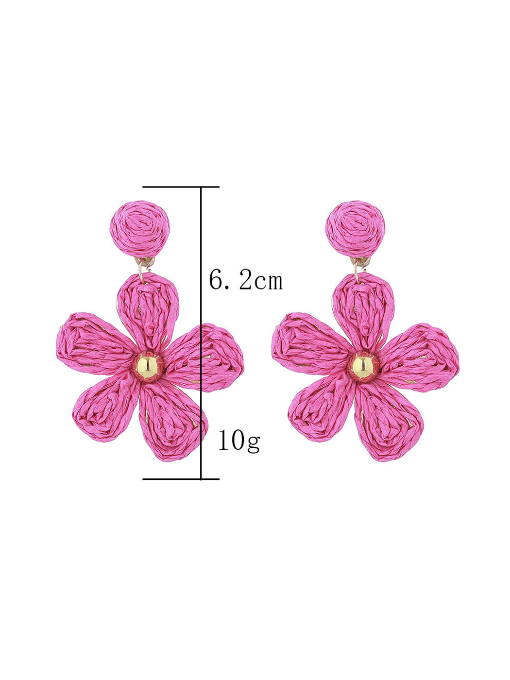 Pair of Earedge floral raffia woven vintage drop earrings displayed on a wooden surface