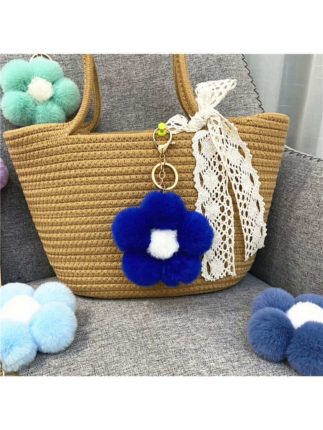 Keypus - Flower Pompom Bag Charm Keychain