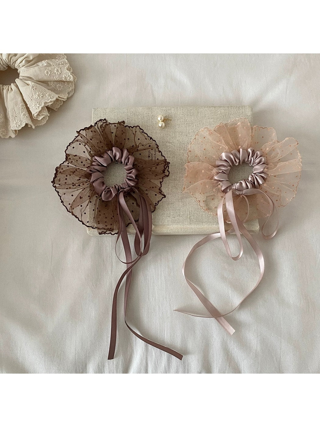 Gifty - Polka Dot Bow Ribbon Mesh Look Scrunchie