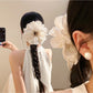 Beau vintage openwork pleated hair claw clip in beige on white background