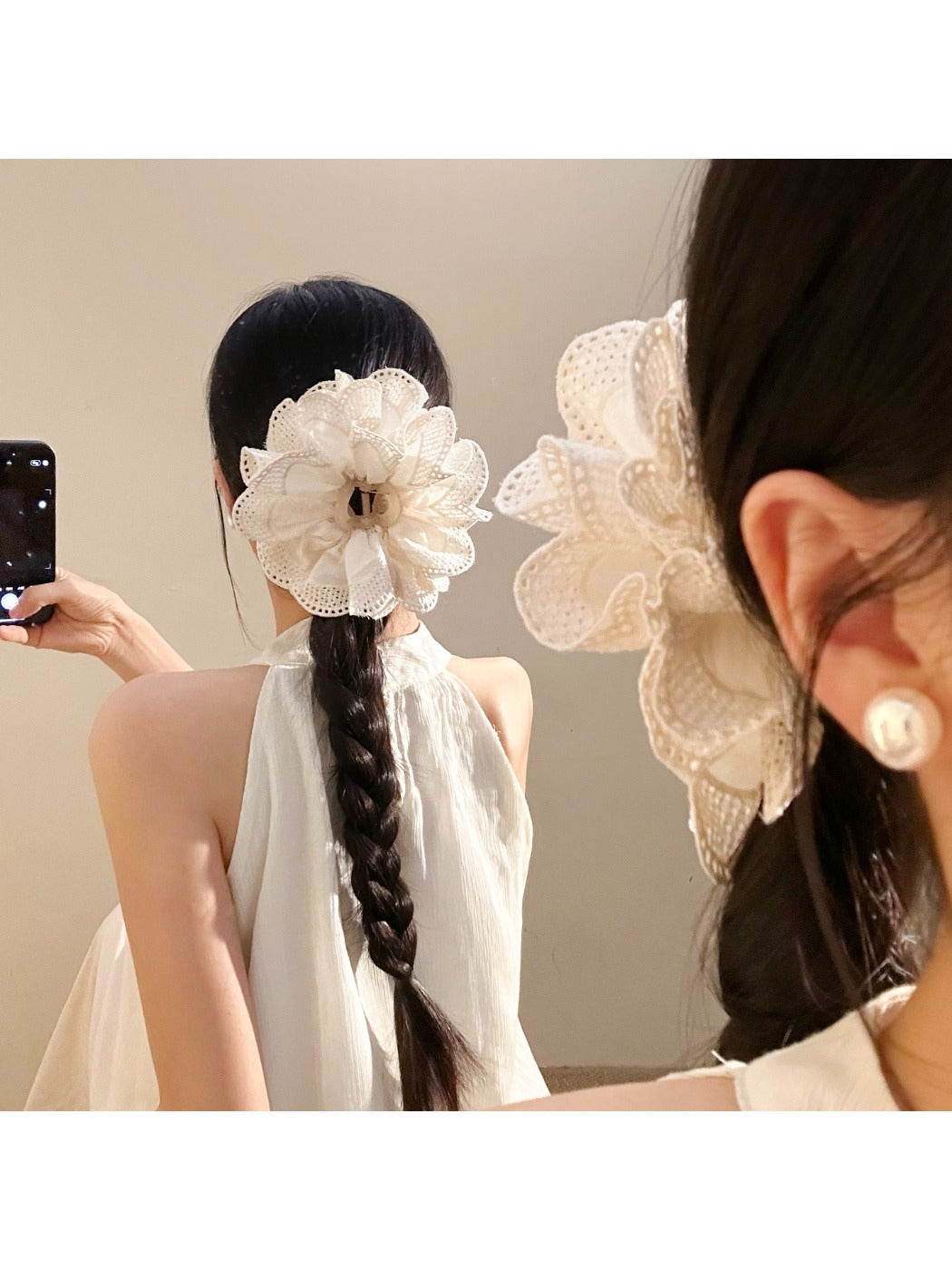 Beau vintage openwork pleated hair claw clip in beige on white background
