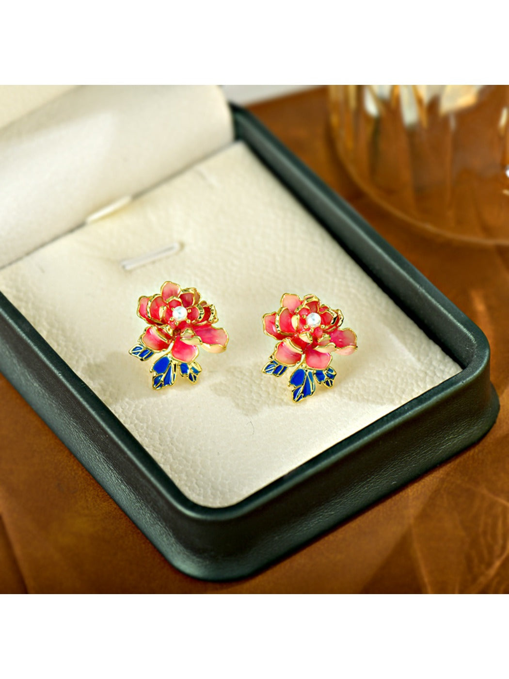 Earedge - Red Peony Floral Stud Earrings