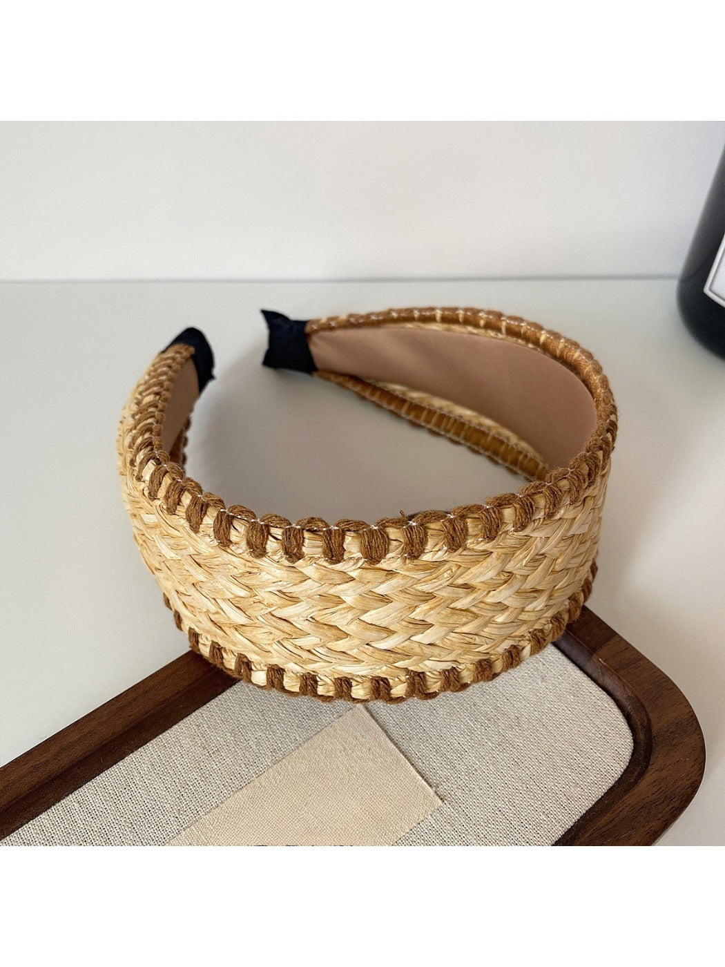 Gifty minimalist bohemian wide headband styled with natural makeup on model