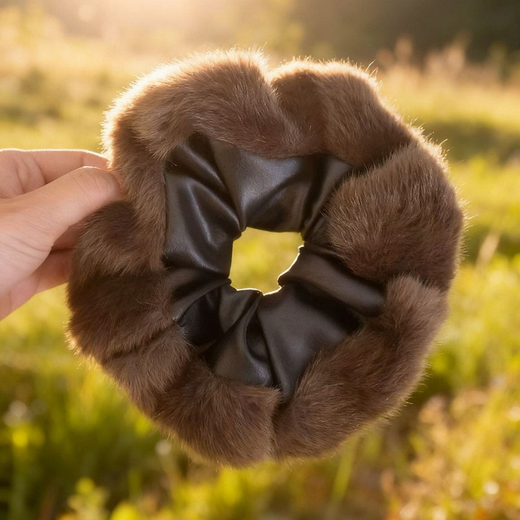 Gifty - Brown Fuzzy Color Block Scrunchie