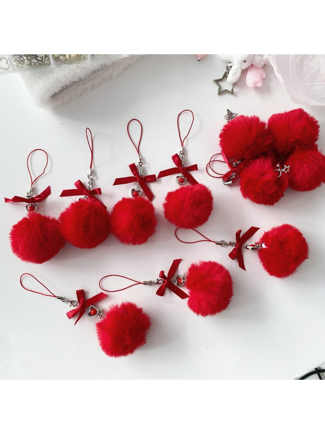 Keypus - Beaded Heart Bow Pom Pom Bag Charm Keychain