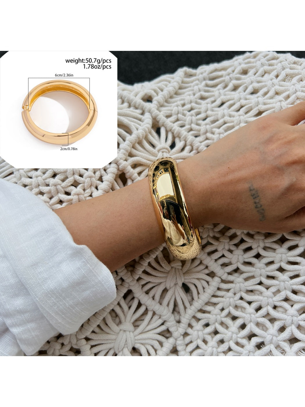 Lovra wide fit bracelet styled with casual clothing on model's arm