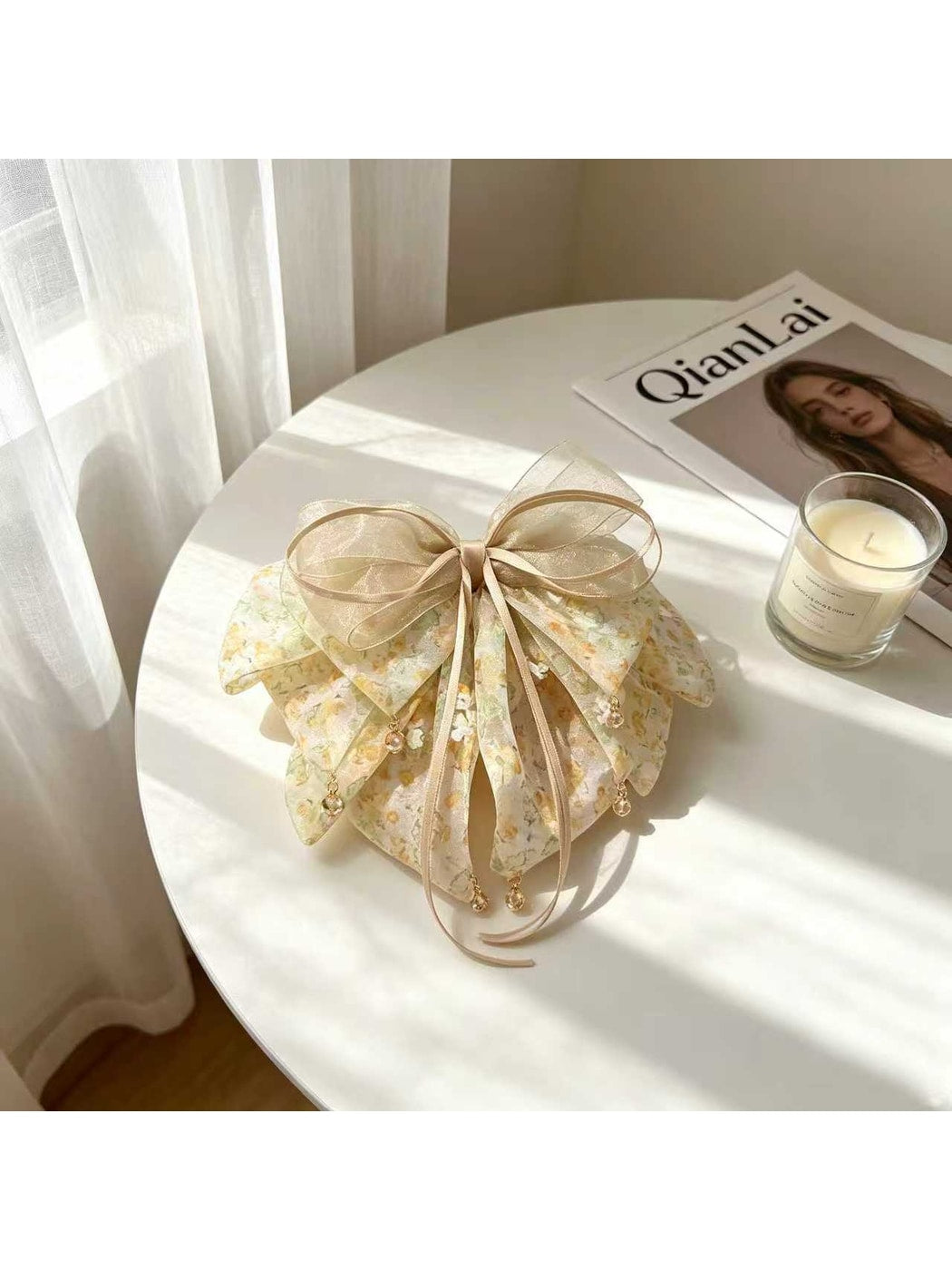 Beau - Floral Bow Ruffle Fabric Surface Claw Clip