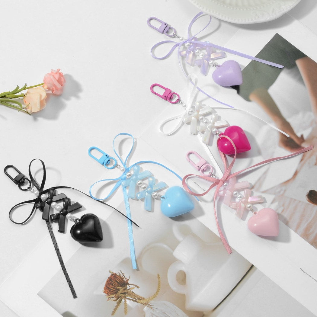 Keypus - Glossy Heart and Ribbon Bow Pendant Keychain