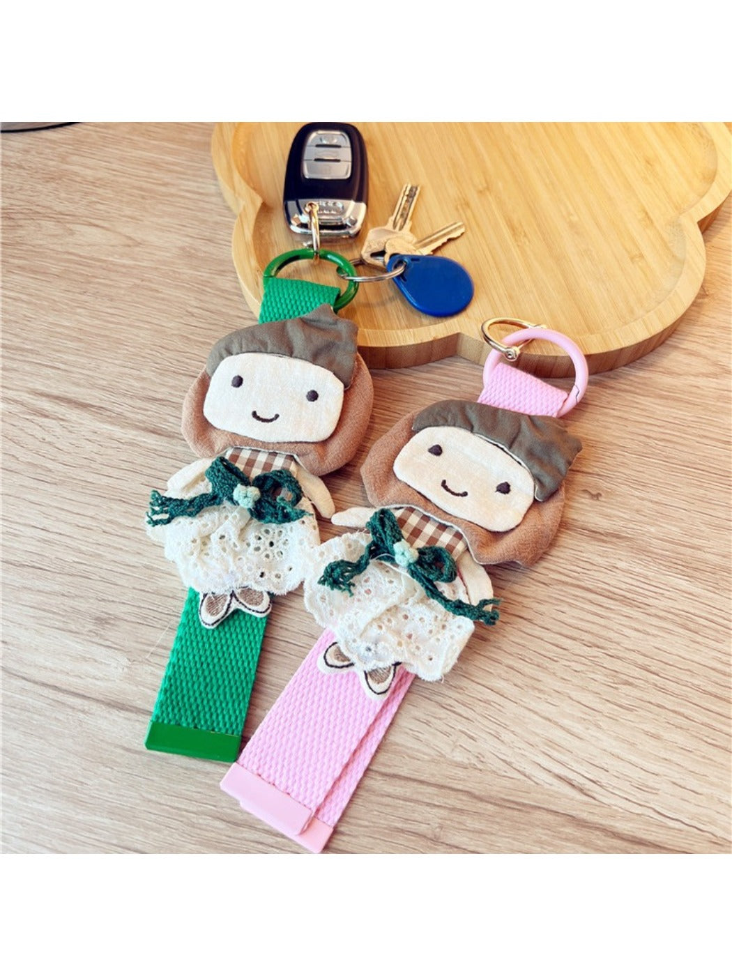 Keypus fabric patchwork woven strap keychain with metal keyring on white background