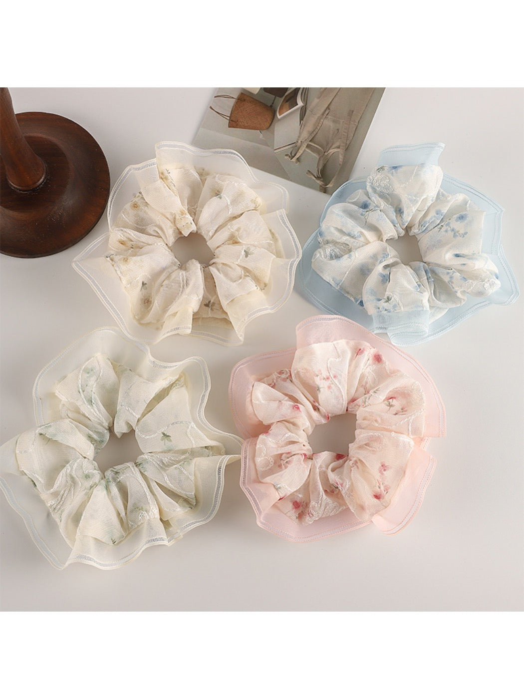 Gifty Sweet Graceful Floral Scrunchie displayed on a white background showing fabric texture