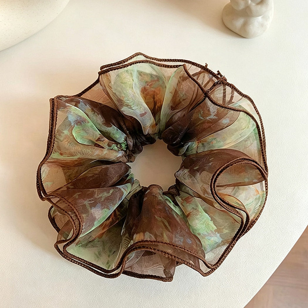 Gifty - Elegant Brown Print Ruffle Scrunchie