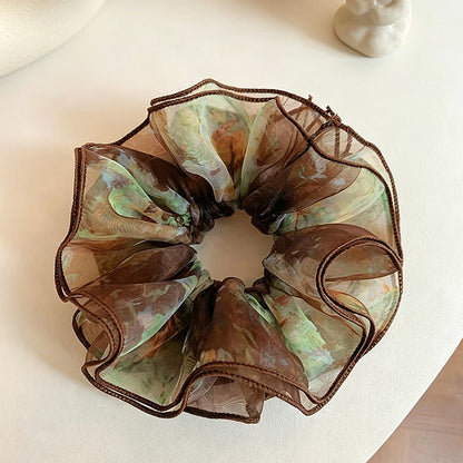Gifty - Elegant Brown Print Ruffle Scrunchie