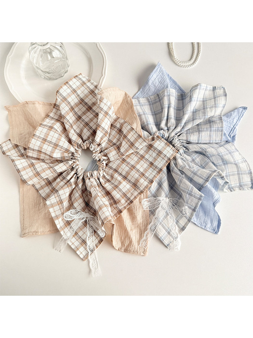 Gifty - Plaid Lace Bow Ponytail Hair Scrunchie