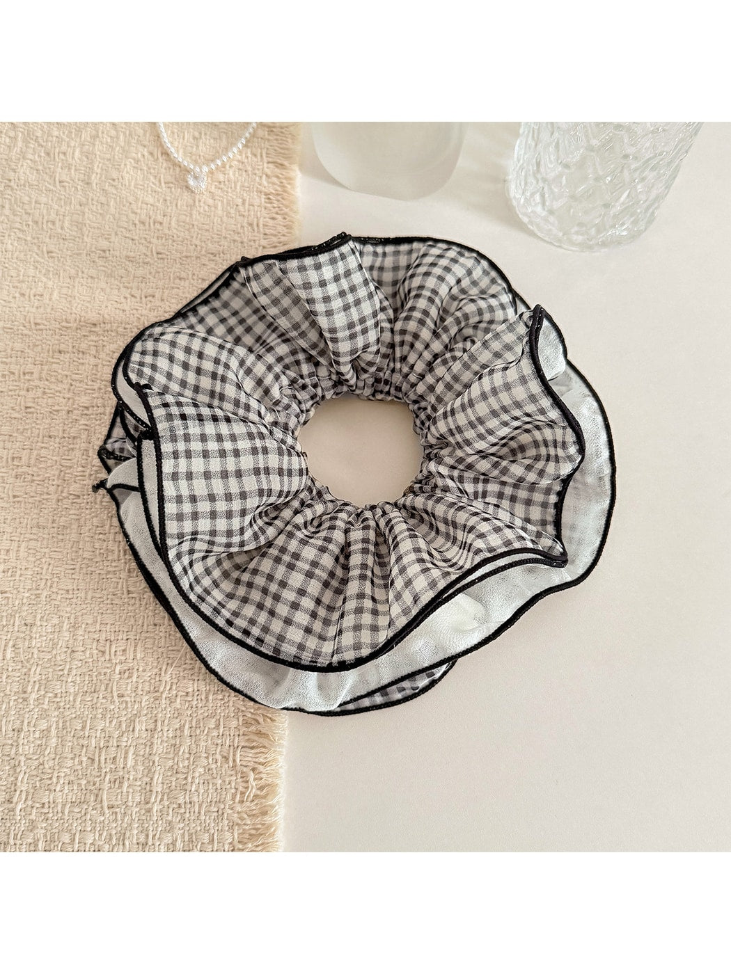 Gifty - Plaid Mesh Lace Trim Ruffled Hair Scrunchie