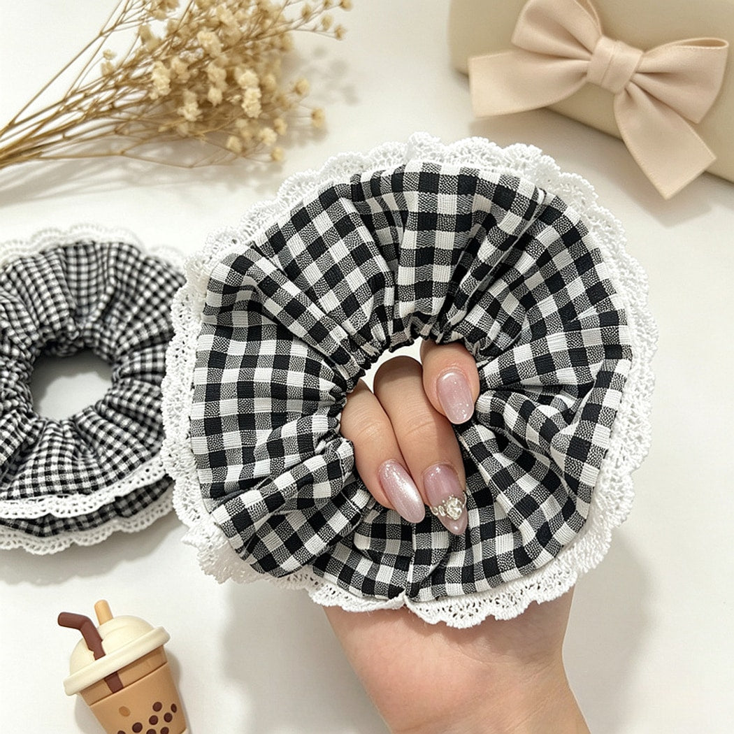 Gifty - Gingham Lace Trim Polyester Scrunchie