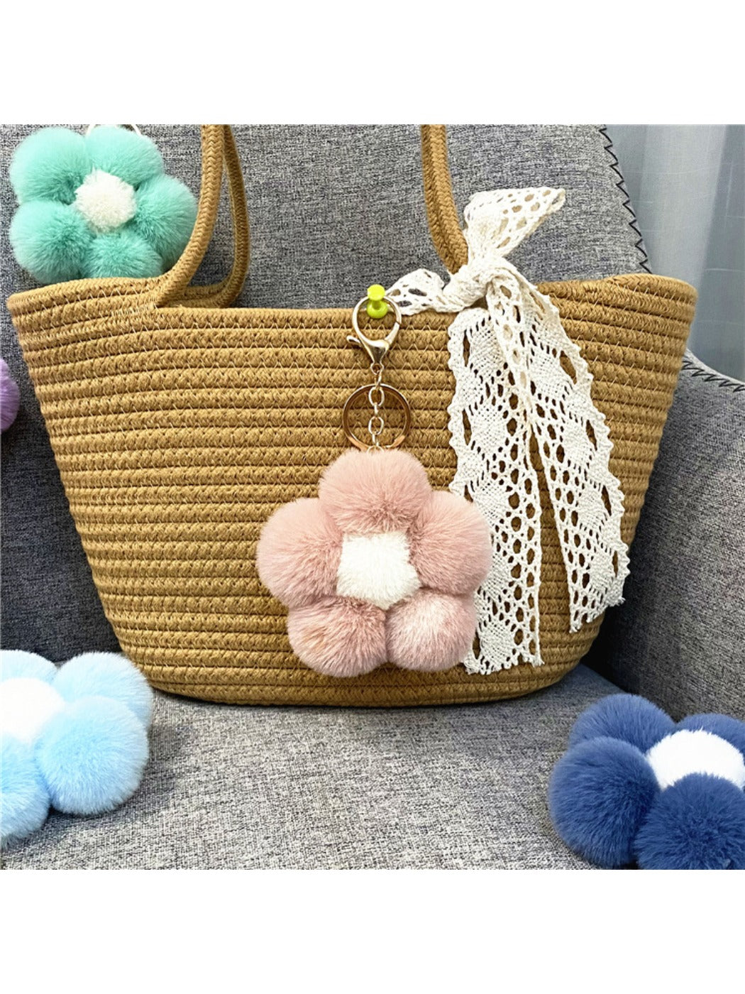 Keypus - Flower Pompom Bag Charm Keychain