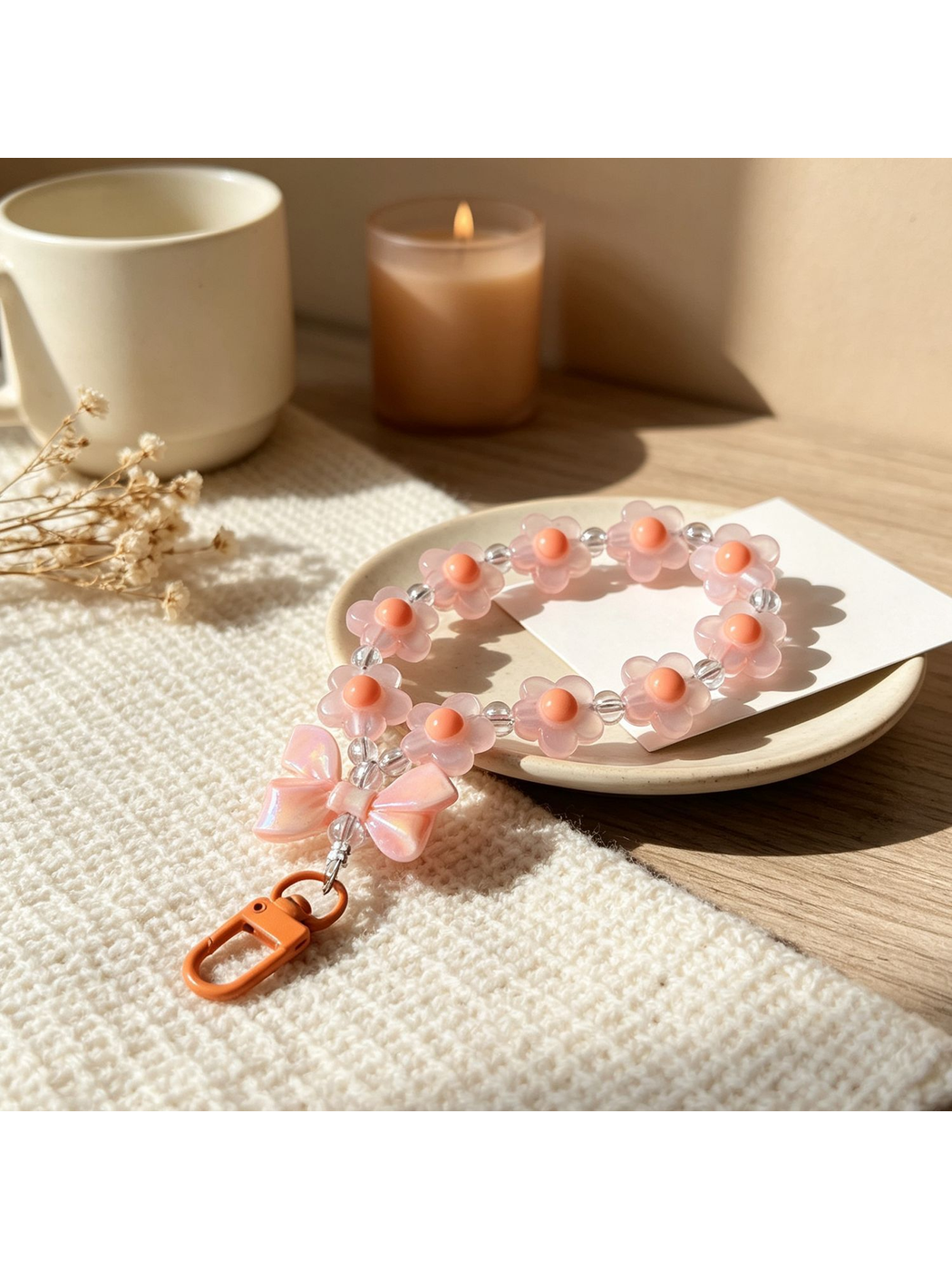 Keypus - Floral Beaded Bow Acrylic Bag Charm Keychain