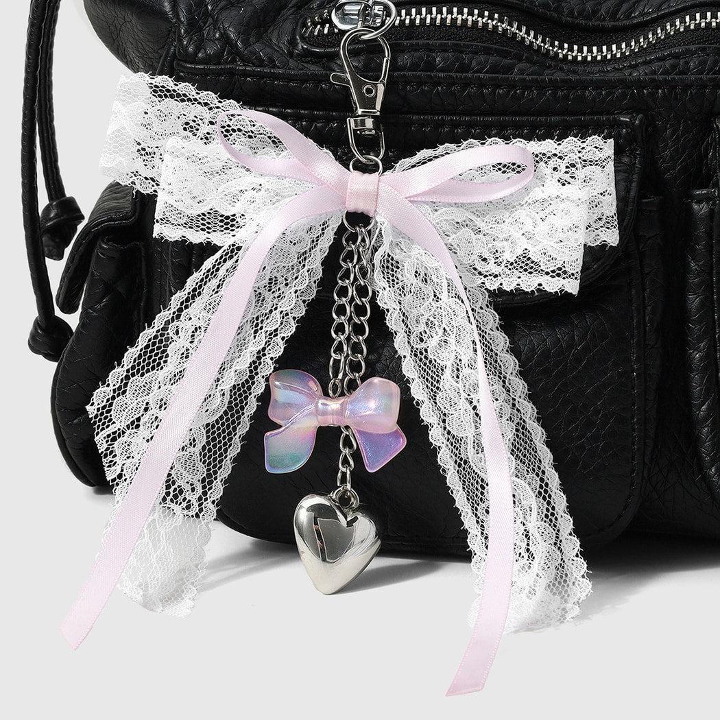 Keypus - Pink Lace Bow Heart Charm Keychain