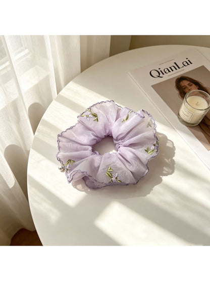 Gifty - Embroidered Floral Mesh Ruffle Edge Scrunchie