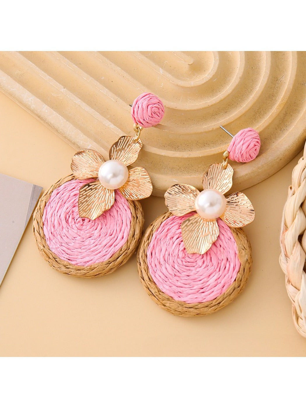Earedge chic circular floral drop earrings styled with casual outfit on model