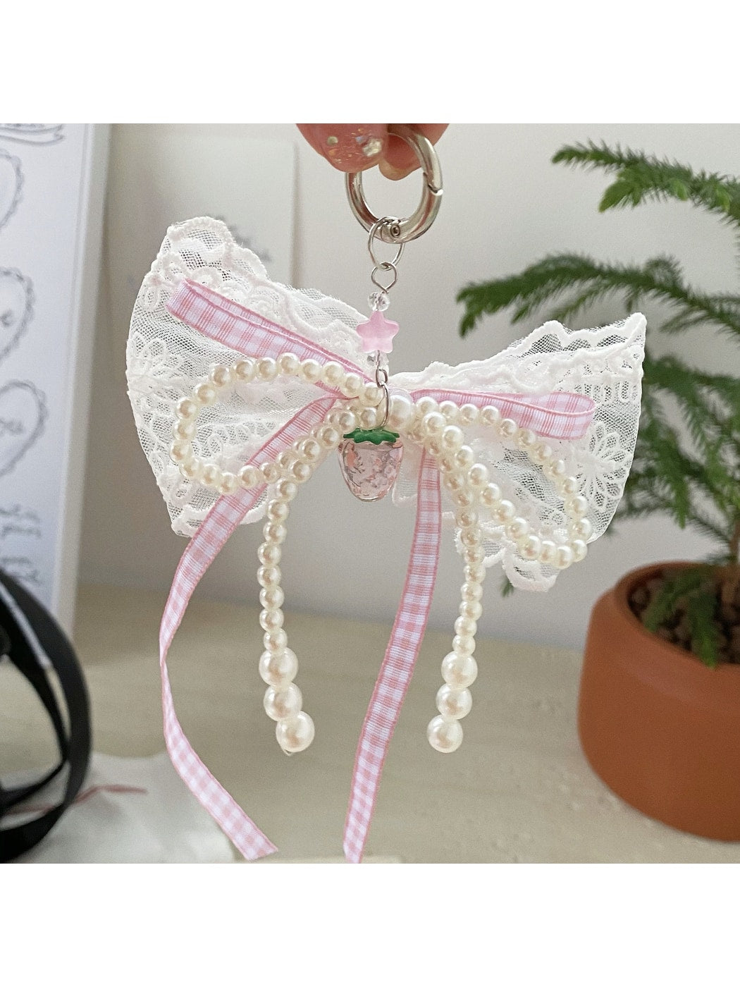 Keypus - Plaid Lace Beaded Bow Bag Charm Keychain