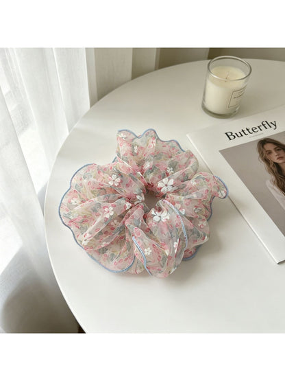 Gifty - Sweet Floral Print Mesh Trim Scrunchie