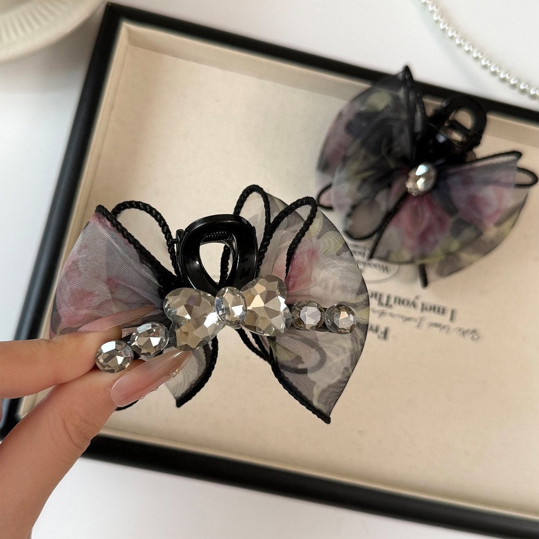 Beau - Mesh Bow Rhinestone Accent Claw Clip