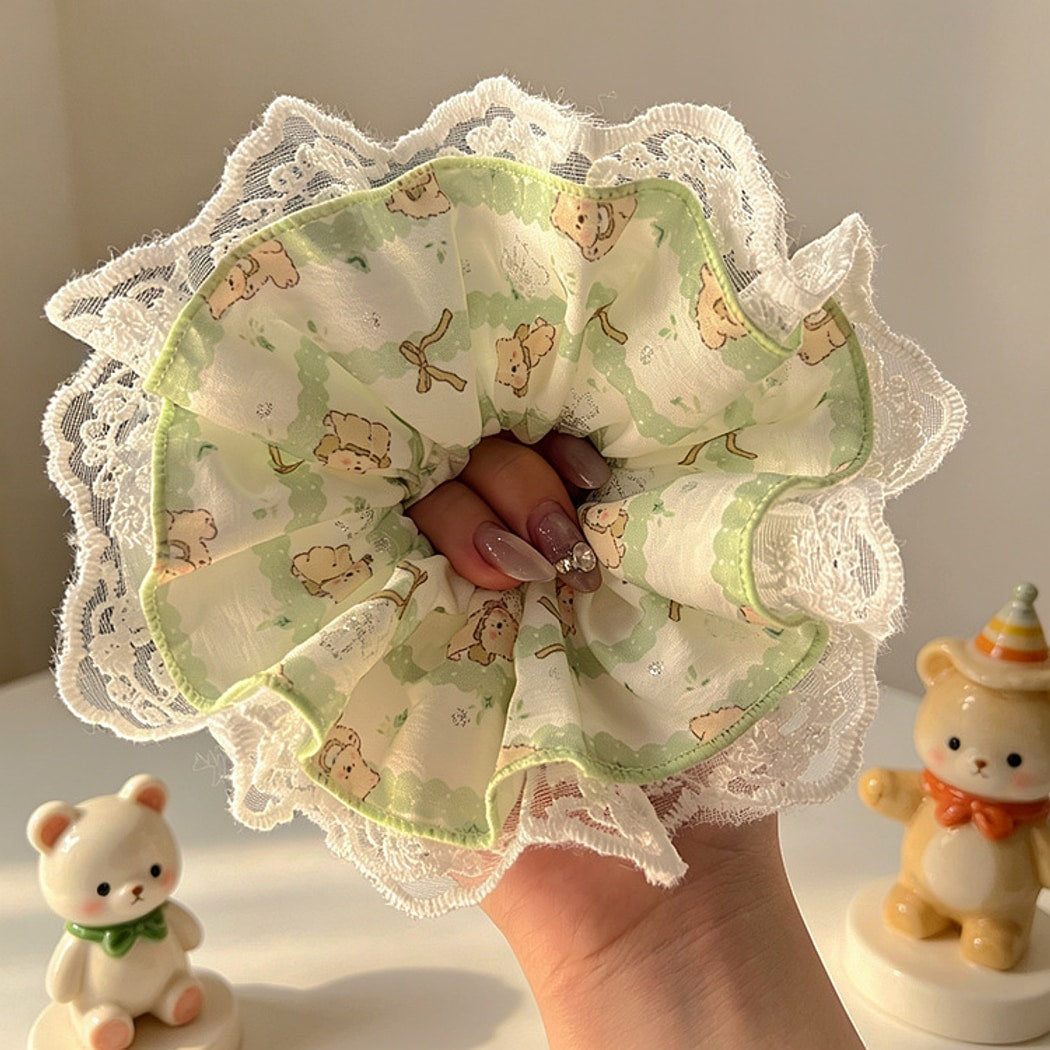 Gifty - Cute Bear Print Lace Trim Scrunchie