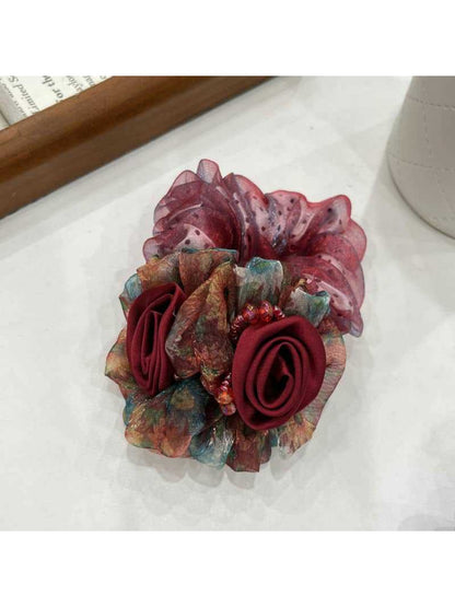 Gifty-Floral Hair Tie Elegant Bow Scrunchie Summer Mesh