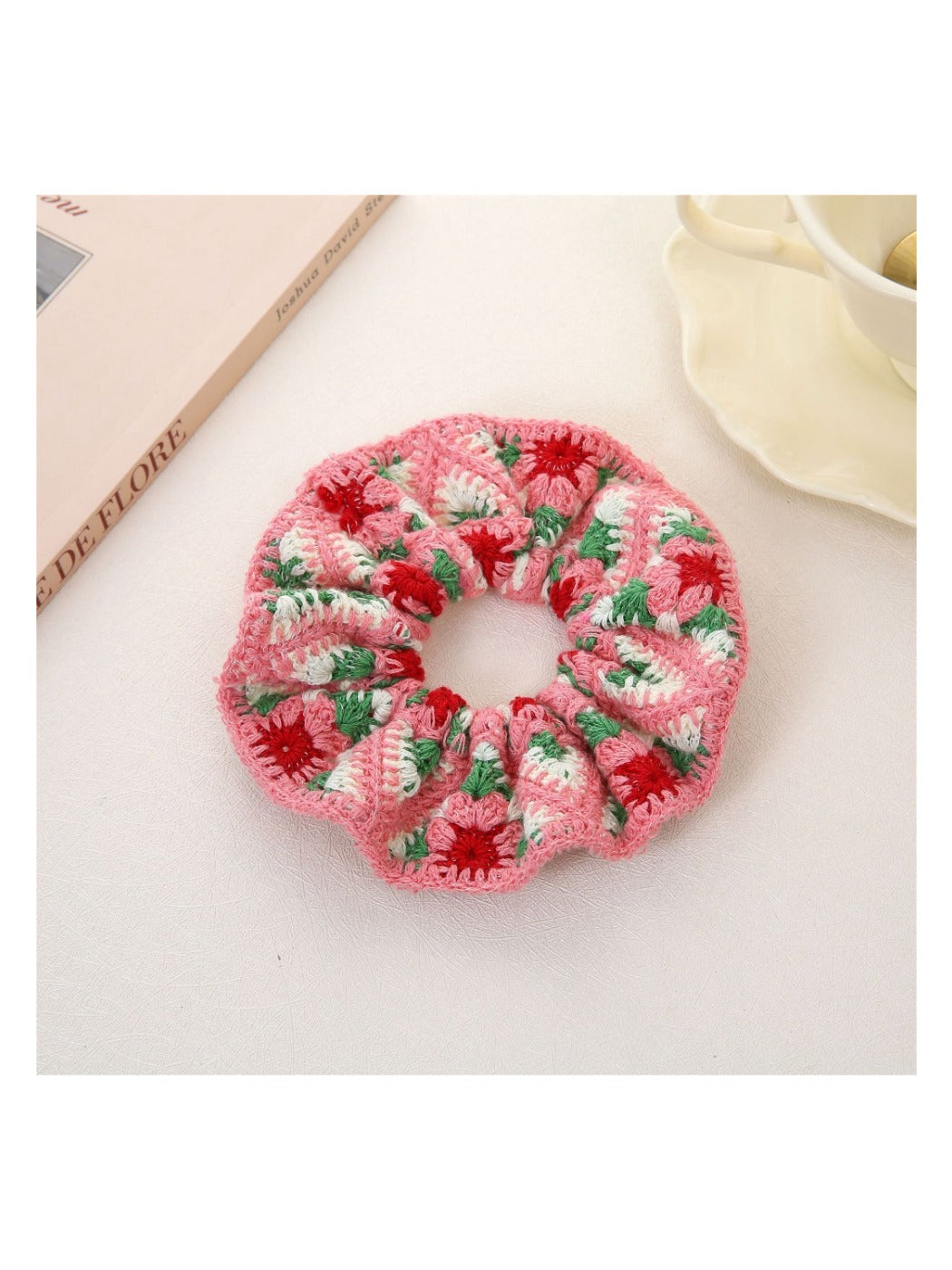 Gifty - Chunky Knit Scrunchie with Floral Design Hair Ties