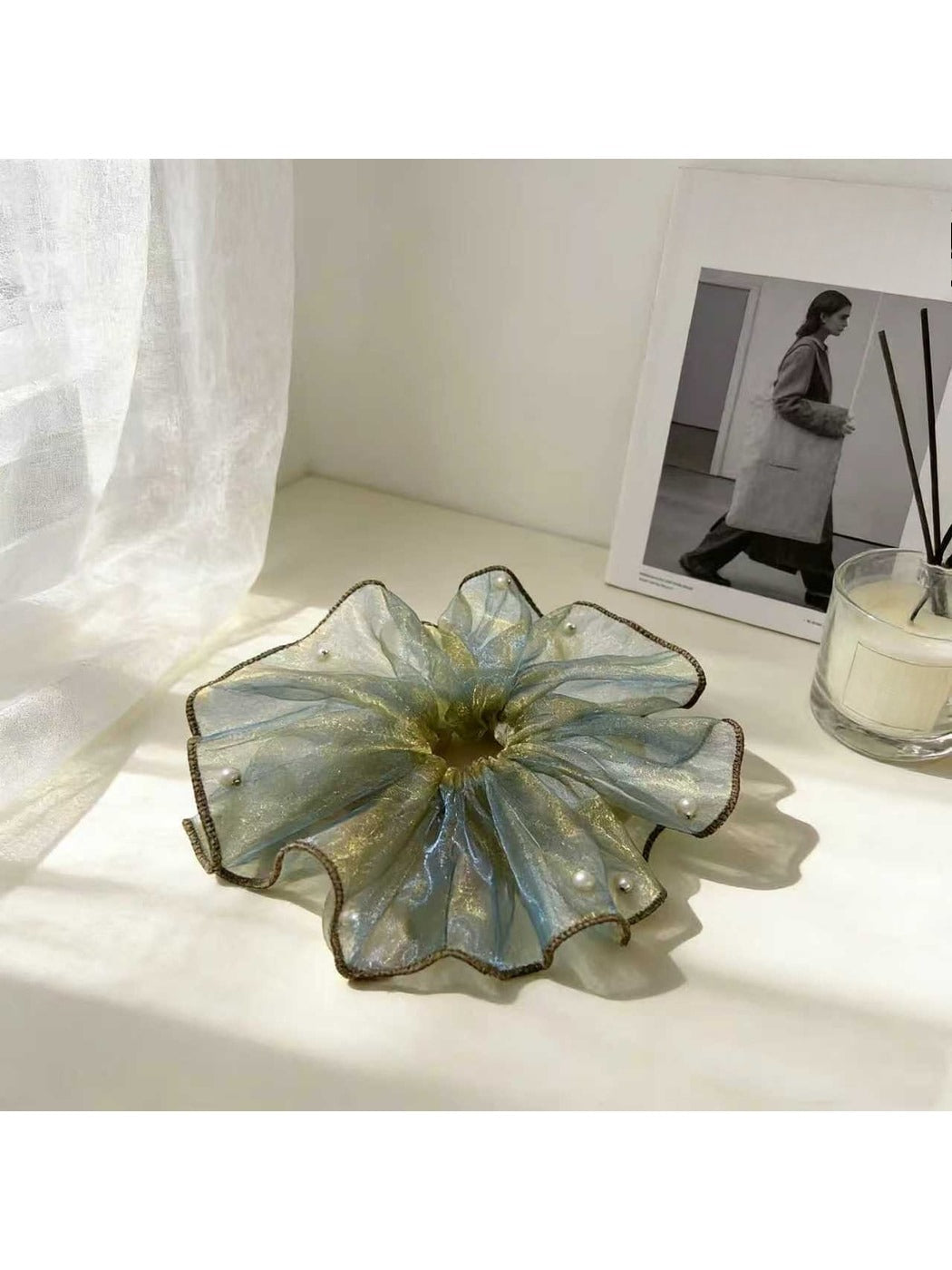 Gifty - Ruffled Sheer Bead Detail Polyester Scrunchie