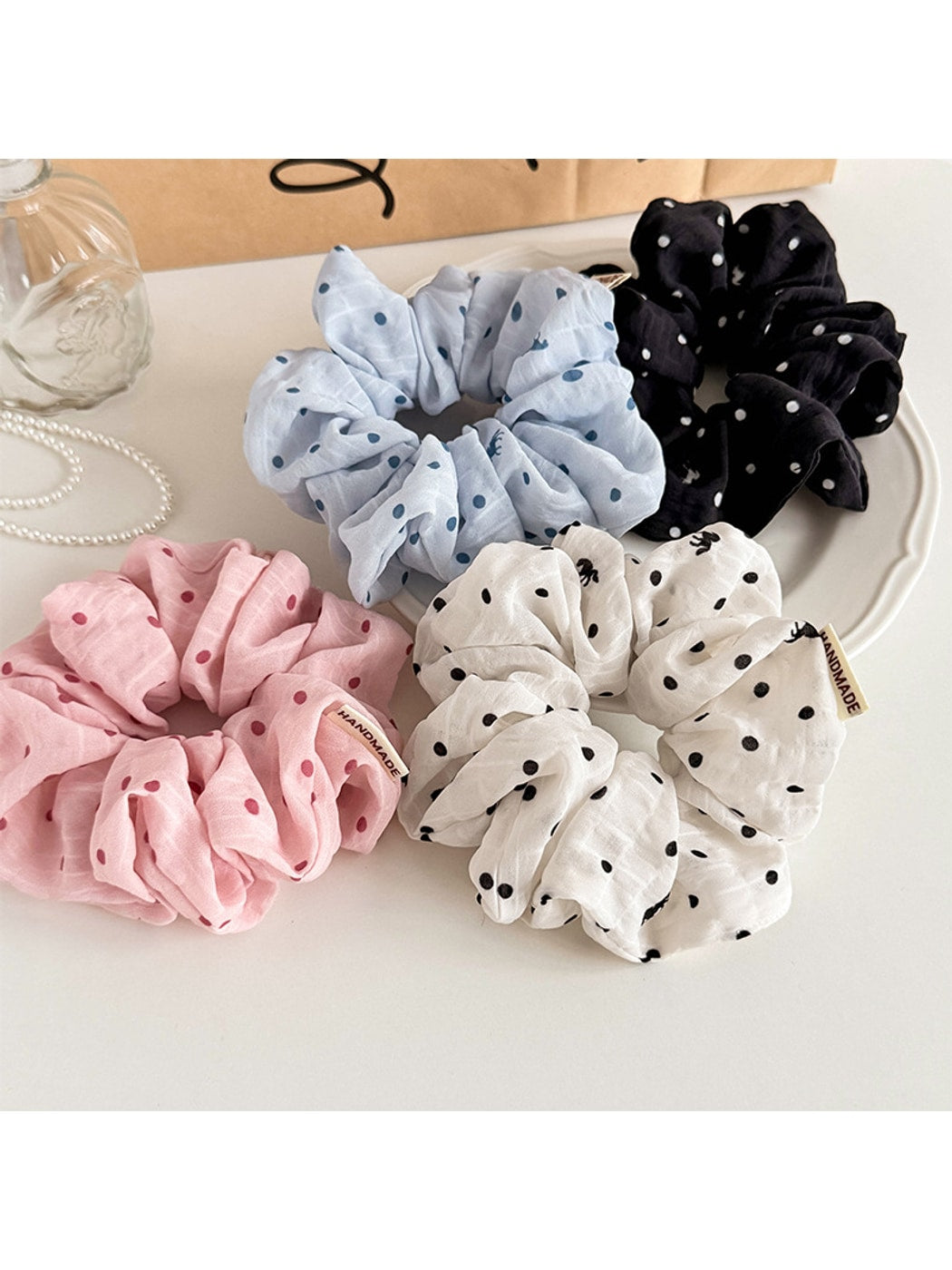 Gifty - Pleated Mesh Polka Dot Horse Print Scrunchie