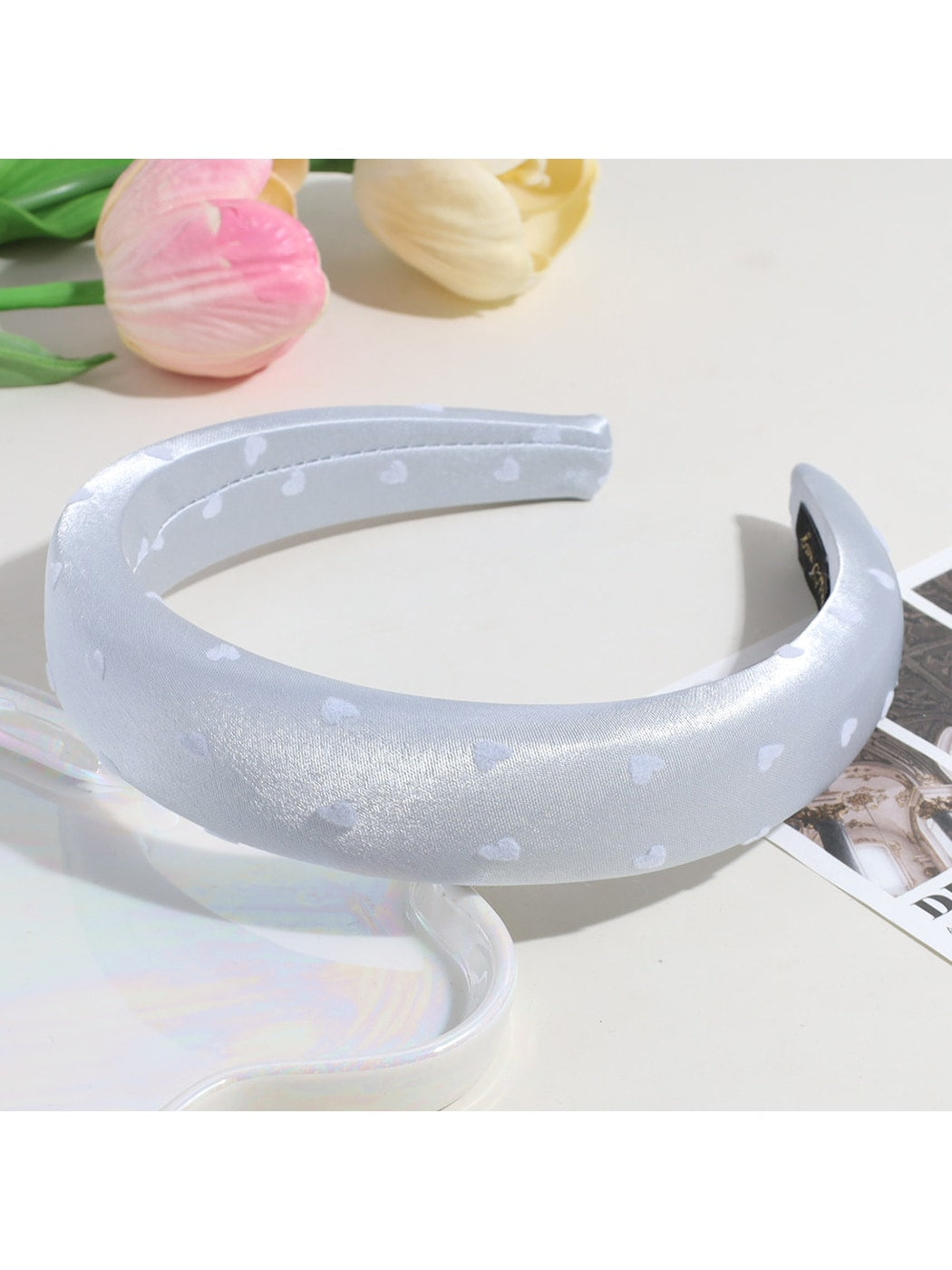 Gifty - Heart Print Satin Look Padded Fabric Headband