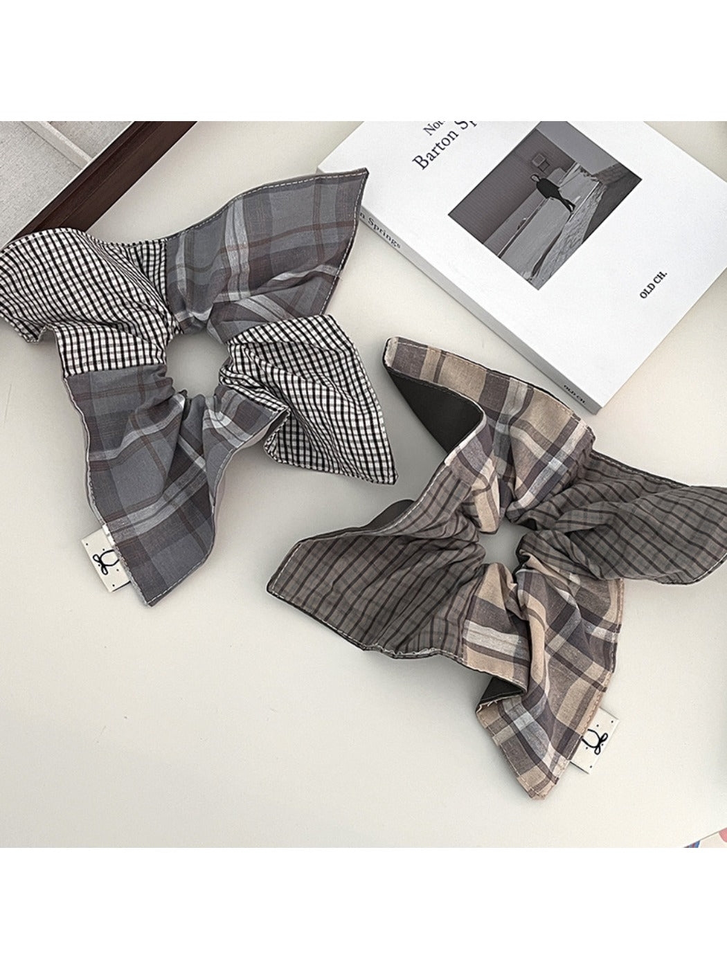 Gifty plaid square scarf scrunchie in beige and brown tones on white background