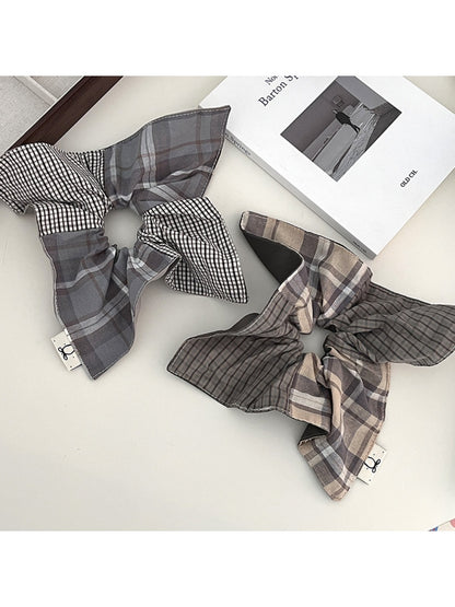 Gifty plaid square scarf scrunchie in beige and brown tones on white background